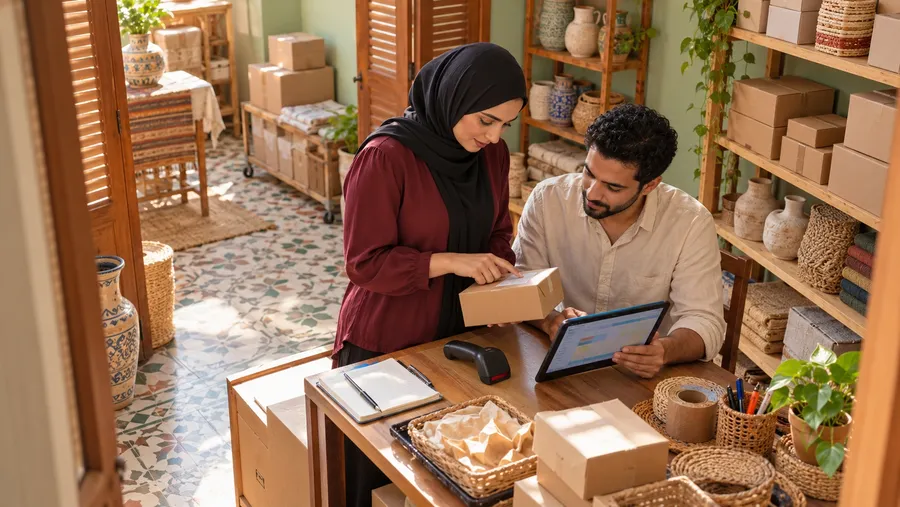Generated Egyptian store owner and bookkeeper reviewing item data in a Cairo fulfilment room