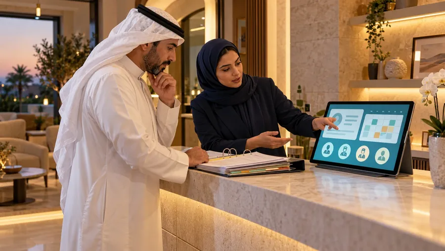 Generated Kuwaiti clinic management team comparing a binder and a conceptual software display when assessing free or paid operations