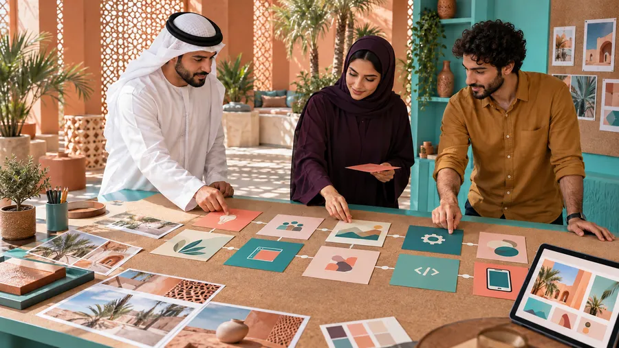 Generated Gulf company team arranging website creation stages and content before development