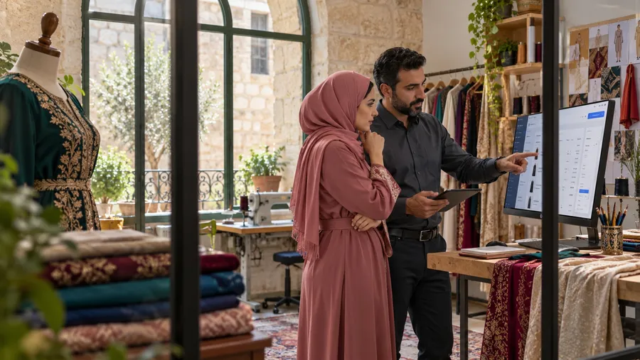 Generated Jordanian studio owner and accountant reviewing the invoicing workflow in a tailoring workspace