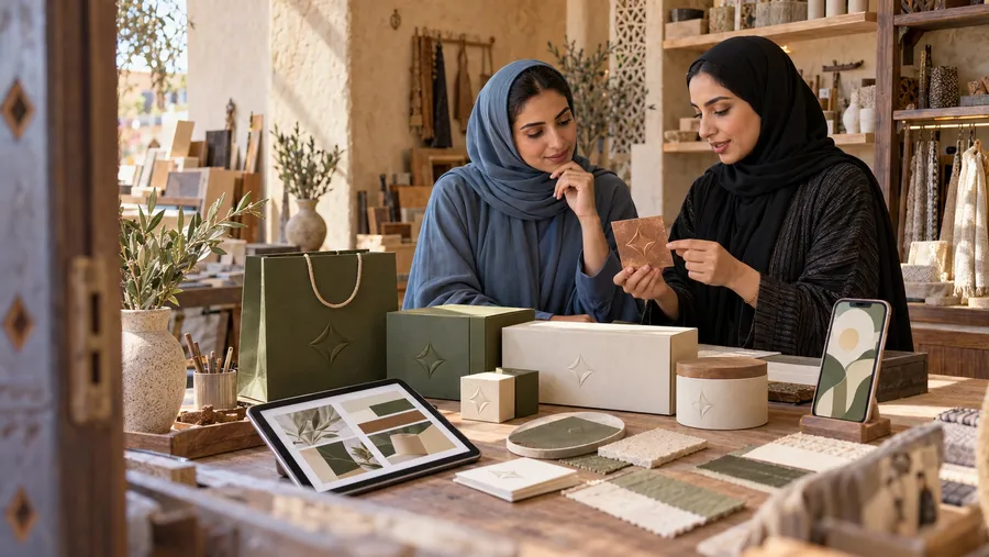 Generated Sharjah business owner and designer comparing a single original emblem with coordinated identity materials