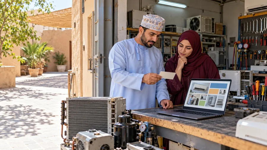 Generated Nizwa workshop proprietor and colleague reviewing marketing priorities and a service page in the Sultanate of Oman