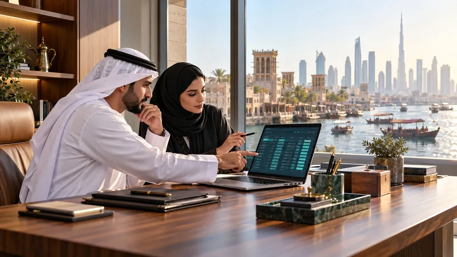 Generated scene of an Emirati finance team reviewing invoice data in a Dubai Creek office