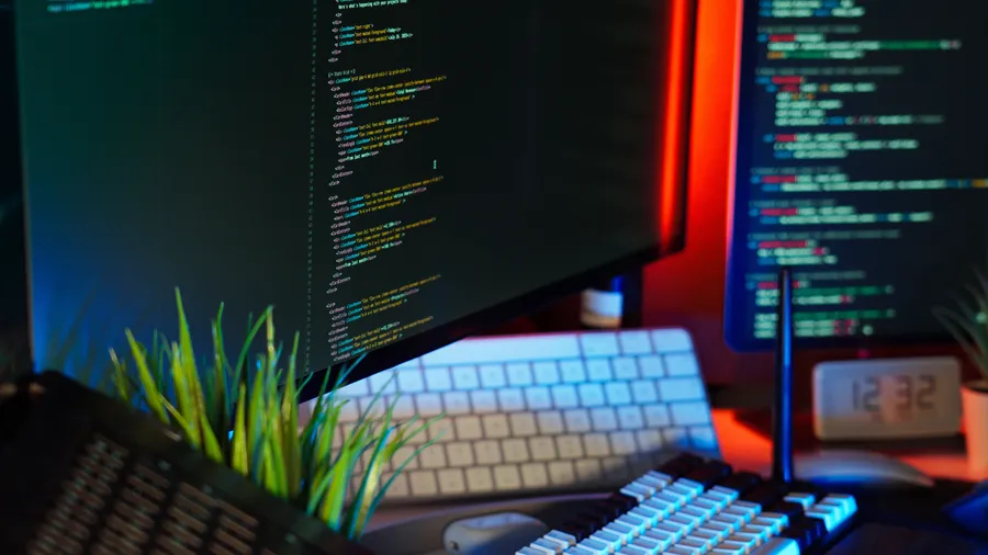Two monitors displaying programming code beside a lit keyboard and plant