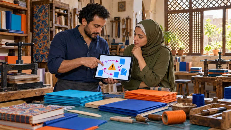 Generated Cairo bookbinding workshop owner and adviser reviewing a conceptual website incident warning