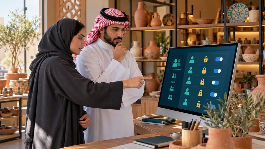 Generated Saudi business owner and adviser reviewing conceptual website access controls in a Riyadh ceramics showroom