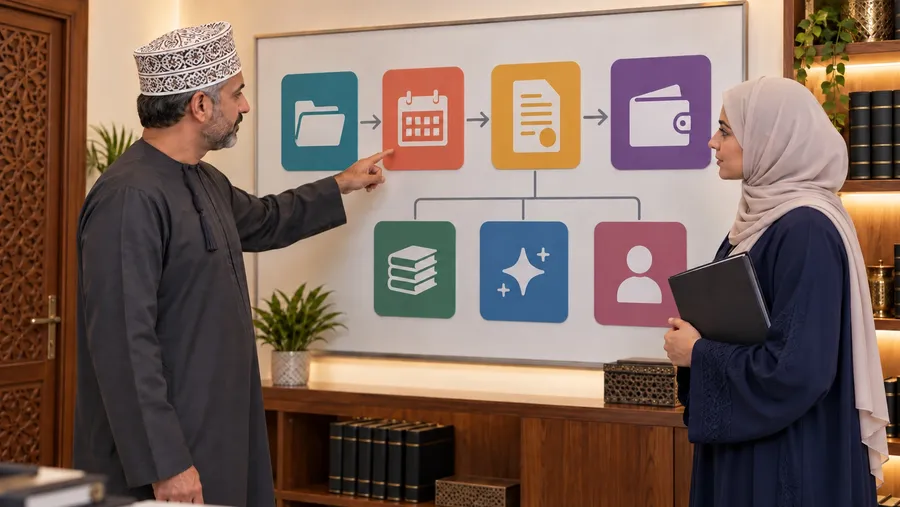 Generated Sohar lawyer and office manager reviewing seven legal workflow modules in the Sultanate of Oman